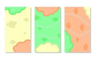 set of green, soft yellow and orange abstract portrait background with cloud shapes and wave lines. simple, flat and colorful. used for wallpaper, backdrop, social media stories, copy space and poster vector