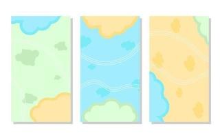 set of pastel blue, green and orange abstract portrait background with cloud shapes and wave lines. simple, flat and colorful. used for wallpaper, backdrop, social media stories, copy space and poster vector