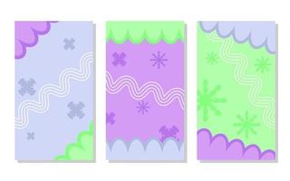 set of purple, soft blue and green abstract portrait background with flowers and wavy lines. simple, flat and colorful. used for wallpaper, backdrop,  copy space and poster vector