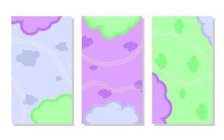 set of purple, blue and green abstract portrait background with cloud shapes and wave lines. simple, flat and colorful. used for wallpaper, backdrop, social media stories, copy space and poster vector
