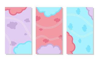 set of red, purple and pastel blue abstract portrait background with cloud shapes and wave lines. simple, flat and colorful. used for wallpaper, backdrop, social media stories, copy space and poster vector