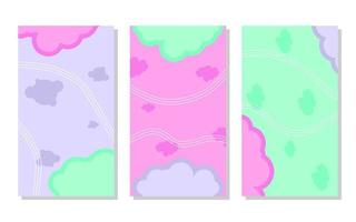 set of pink, soft purple and green abstract portrait background with cloud shapes and wave lines. simple, flat and colorful. used for wallpaper, backdrop, social media stories, copy space and poster vector