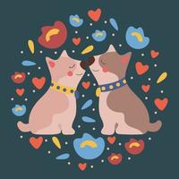 Square card template for Valentine's day with a couple of dogs, flowers and hearts in a circle. Vector illustration on a dark background.