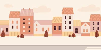 Light background, illustration with an empty road, trees and houses in the background. vector