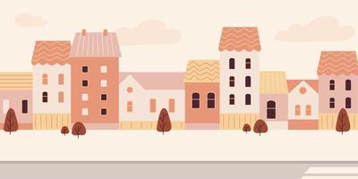 Light background, illustration with an empty road, trees and houses in the background. vector