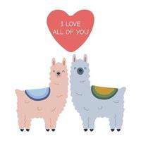 Valentine's day greeting card template with a couple of llamas and a heart with text. Vector illustration isolated on white background.