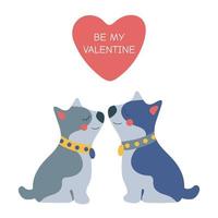Valentine's day greeting card template with dogs and heart with text. Vector illustration isolated on white background.