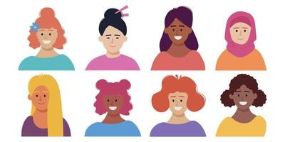 conjunto de avatares de mujeres felices, niñas de diferentes culturas y nacionalidades. diversidad social ilustración vectorial plana. vector