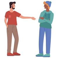 Two guys, men of different races stand in profile opposite each other. One stands with his arms crossed, the second holds one hand in his pocket. Vector illustration.