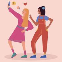 Two girls take a selfie, stand in profile in different poses and different races. Like, heart and emoticon icon on background. Vector illustration on a light background.