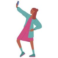 A dark-skinned girl, a woman in a dress and a jacket, takes a selfie, holding a phone in her hand. Vector illustration