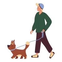 un joven con un suéter verde y pantalones oscuros camina con un perro con correa. ilustración vectorial aislado sobre fondo blanco. vector