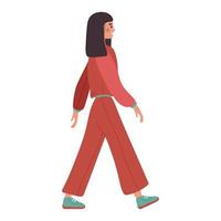 The girl in the red suit is walking. Woman on the move. Vector square illustration.