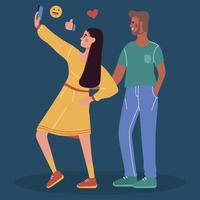 un chico y una chica se toman un selfie por la noche, se paran de perfil en diferentes poses y diferentes razas. icono de me gusta, corazón y emoticono en el fondo. ilustración vectorial sobre un fondo oscuro. vector