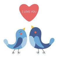 plantilla de tarjeta de felicitación del día de san valentín con un par de pájaros azules y un corazón con el texto te amo. ilustración vectorial aislado sobre fondo blanco. vector