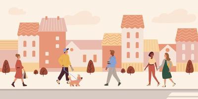 People of different races are walking down the street. People on the background of the street with houses. The man walks the dog. Two girls hold hands. The woman is carrying packages. vector