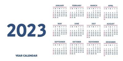 Yearly calendar 2023 template. The week starts on Sunday. Calendar design in blue and colors. Vector. vector