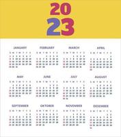 2023 calendar year vector illustration. The week starts on Sunday. Yearly calendar 2023 template. Calendar design in blue, red, yellow colors. Vector