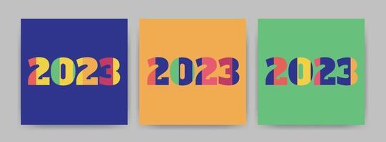 Juego de tarjetas de feliz año nuevo 2023. plantillas de diseño con logotipo de tipografía 2023. banner de moda minimalista, portada, tarjeta, calendario, vector