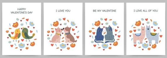 Happy valentine's day postcard set with animals surrounded by flowers and hearts. Birds, dogs, cats, llamas on a white background with text. Vector illustration.