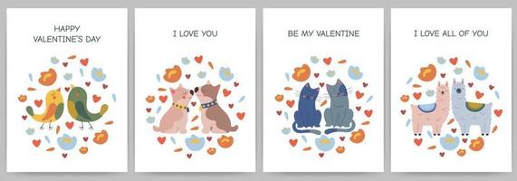 postal de feliz día de san valentín con animales rodeados de flores y corazones. pájaros, perros, gatos, llamas sobre un fondo blanco con texto. ilustración vectorial vector