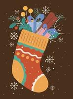 Christmas greeting New Year card with sock and decor, twigs, snowflakes, gift boxes, leaves, cinnamon. Vector illustration on a dark background.