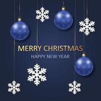 Merry Christmas and Happy New Yer card with Christmas balls, Christmas tree toys and snowflakes vector