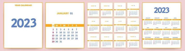Month and year calendar template for 2023. Calendar template for 2023.  The week starts on Sunday. Vector