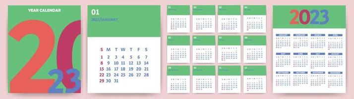 Calendar 2023. Monthly calendar template for 2023. The week starts on Sunday. Calendar design in green, red, blue colors. Vector