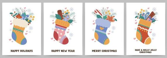 Set of Christmas greeting cards with sock and decor, twigs, snowflakes, gift box, leaves. Vector illustration isolated on white background.