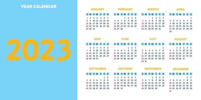 2023 año calendario, vector. la semana comienza el domingo. plantilla de calendario anual 2023. diseño de calendario en colores azul, amarillo y blanco. vector