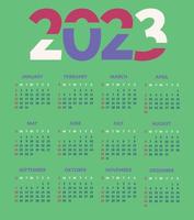 2023 calendar year. The week starts on Sunday. Calendar 2023 template. Calendar design in blue, red, white colors on the green background. Vector