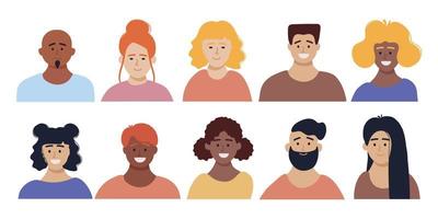 conjunto de avatares de personas felices, personajes. hombres y mujeres de diferentes culturas y nacionalidades. diversidad social ilustración vectorial de dibujos animados plana. vector