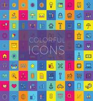 Set of colorful flat icons, for web, internet, mobile apps, icons design, business, finance, shopping, communication, computer, media, travel. flat icon designs, long shadow icons, outline icons. vector