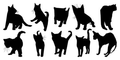 silueta de gatos de pie, corriendo, caminando en diferentes posiciones, paquete dibujado a mano de formas y figuras de mascotas, vector aislado