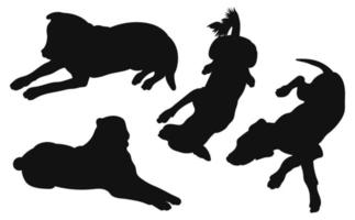 Set of black silhouettes of dogs lying, lie position, pack of shapes and figures of pets hand drawn, isolated vector