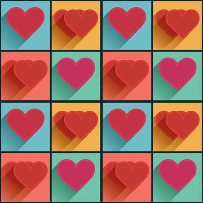 Seamless pattern with flat Valentines Day hearts with long shadow