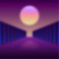 Retro styled digital futuristic landscape with moon and dark corridor gate vector