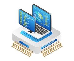 Flat isometric 3d illustration concept of monitoring radar data chip program vector