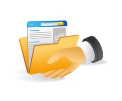 Flat isometric 3d illustration concept of hands handing over data in a folder vector