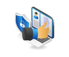 Flat isometric 3d illustration concept of entering fingerprint security on computer vector