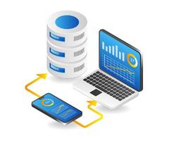 concepto de análisis de aplicación de teléfono inteligente de base de datos de ilustración 3d isométrica plana vector