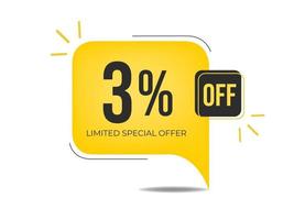 3 off limited special offer. Banner with three percent discount on a yellow square balloon. vector
