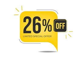 26 off limited special offer. Banner with twenty-six percent discount on a yellow square balloon. vector