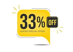 33 off limited special offer. Banner with thirty-three percent discount on a yellow square balloon. vector
