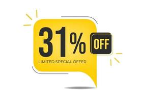 31 off limited special offer. Banner with thirty-one percent discount on a yellow square balloon. vector