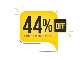 44 de oferta especial limitada. banner con cuarenta y cuatro por ciento de descuento en un globo cuadrado amarillo. vector