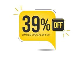 39 off limited special offer. Banner with thirty-nine percent discount on a yellow square balloon. vector