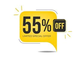 55 de descuento en oferta especial limitada. banner con cincuenta y cinco por ciento de descuento en un globo amarillo. vector