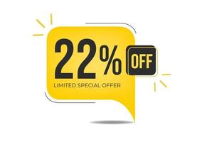 22 off limited special offer. Banner with twenty-two percent discount on a yellow square balloon. vector